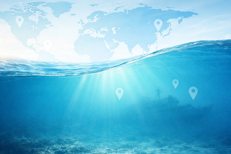 Wreck silhouette with map pins